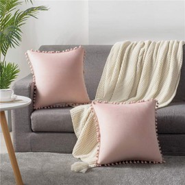 DEZENE 18x18 Throw Pillow Covers Pink: 2 Pack Cozy Soft Pom-poms Velvet Square Decorative Pillow Cases for Farmhouse Home Decor