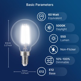FLSNT 60W Equivalent LED Globe Candelabra Bulbs, Dimmable G16.5 LED E12 Chandelier Light Bulbs, 550LM, CRI82, 5.5W, AC 120V, 12 Pack, 5000K Daylight