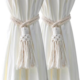 2 Pack Curtain Ties, Boho Curtain Tiebacks, Handmade Farmhouse Curtain Tie Back Holder with Tassels, Hand-Woven Cotton Rope Holdbacks for Living Room Bedroom Restaurant