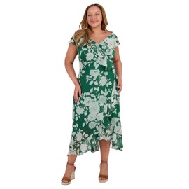 London Times Women's Dresses Chiffon Faux Wrap Ruffle Maxi Dress Guest of Wedding, Forest Green/Soft White, 16