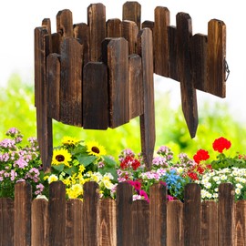Bucherry 1 Pc Staggered Wood Garden Edging Border Short Picket Fence Burnt Wood Finish Outdoor Landscape Flower Bed Decorative Borders with Gloves for Spring Garden Lawn Yard,7.9 x 47 Inches