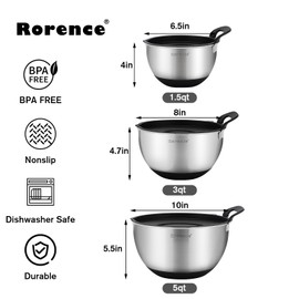 Rorence Stainless Steel Mixing Bowls: Stackable Mixing Bowl Set with Lids and Handles Non-slip Silicone Bottom Nesting Bowls for Kitchen Set of 3 - Black