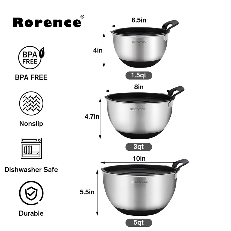 Rorence Stainless Steel Mixing Bowls: Stackable Mixing Bowl Set with