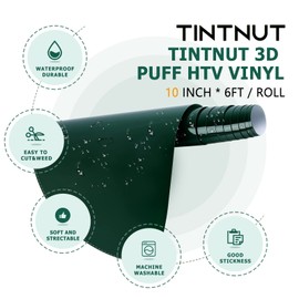 Tintnut Puff Vinyl Heat Transfer - 10inches x 6ft 3D Evergreen Puff HTV Roll Heat Transfer Vinyl Foaming Colorful Puffy Iron on Vinyl for T-Shirts DIY Compatible with Cricut or Silhoutte Cameo