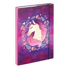 Notebook Box for School Bag A4 - Collection Folder for Children with Elastic Band and Inner Flaps - Folder Folder with Elastic Band for Girls (Horse)