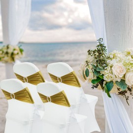 Maiangel Spandex Chair Sashes Bands 30PCS Stretch Chair Ties Bows with Buckle Slider for Wedding Party Banquet Decoration (Metallic Gold)…