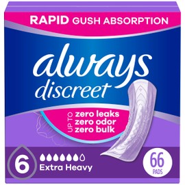 Always Discreet Adult Incontinence Pads for Women, Extra Heavy Absorbency, Regular Length, Postpartum Pads, 66 Count (2 Packs of 33)