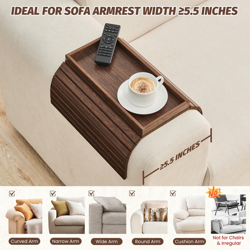 GEHE Bamboo Sofa Arm Tray, Foldable Couch Arm Tray Side