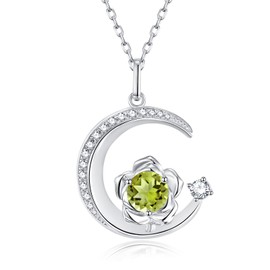925 Sterling Silver August Birthstone Created Peridot Necklace Rose & Moon Pendant Green Yellow Gemstone Birthday Anniversary Jewellery Gifts for Women Girls Mother Daughter, Adjustable Chain