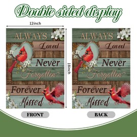 NPCSWXQ Cardinal Memorial Garden Flag 12x18 Inch Double Sided, Always Loved Never Forgotten Forever Missed, Memorial Day Gravesite Saying Yard Flag Outdoor Outside Patio Farmhouse Yard Decoration