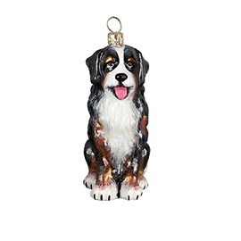 Joy To The World Bernese Mountain Sitting Dog Polish Blown Glass Christmas Ornament