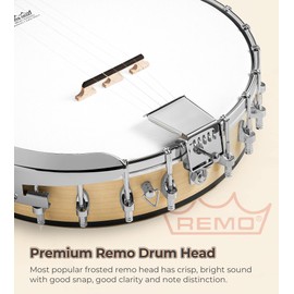 Vangoa 5 String Banjo Open Back Full Size Clawhammer Beginner Kit with Frosted Remo Head, Maple Banjo with Geared 5th Tuner, Natural