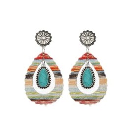 Boho Western Vintage Colorful Leather Earrings with Gemstone Flower Design, Fashion Accessories for Women unique red