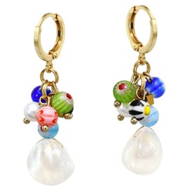 Bohemian Coined Cultured Freshwater White Pearl Millefiori Glass Brass Vintage Hoop Dangle Earrings