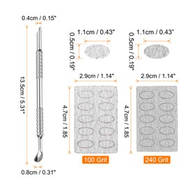 HARFINGTON Cuticle Pusher Dual Sided, Spoon-Shaped Metal Nail Cuticle Pusher Remover Tool with 60 Pcs 100/240 Grit Sandpaper Sheets for Manicure Pedicure Nail Art
