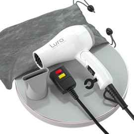 Dreyr Mini: secador de pelo plegable de doble voltaje, pequeño y ligero para viajes internacionales, secador de pelo compacto de 1200 W con concentrador y bolsa de viaje (blanco)