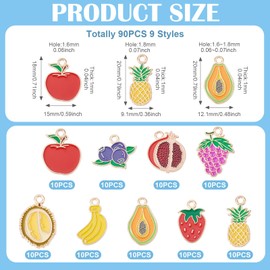 Boutigem 90Pcs Fruit Enamel Pendants Apple Pineapple Banana Strawberry Blueberry Pomegranate Durian Papaya Grape Charms Fruit Theme Metal Charms for DIY Earring Necklace Bracelet Keychain Making