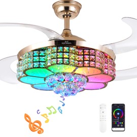 BAYSQUIRREL Retractable Crystal Ceiling Fan with Light, Bluetooth Ceiling Fan with Speaker, RGB-LED Light 6 Speed Reversible Low Profile Modern Invisible Ceiling Fan,Remote and APP Control