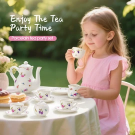 TUZT Tea Party Set for Little Girls Ages 3-8, White Floral Porcelain Tea Set with Gold Trim Edges, Princess Tea Time Toy Includes Pot & Cups & Saucers & Suitcase, Birthday Gifts for Toddlers Girls