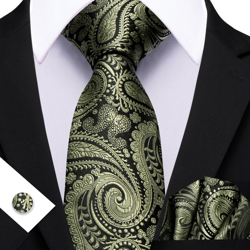 Barry.Wang Olive Green Black Ties for Men Paisley Silk Necktie