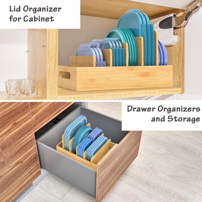 Retro Shaw Bamboo Food Container Lid Organizer with Adjustable Dividers
