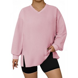 Eytino Plus Size Sweatshirts for Women Oversized V Neck Long Sleeve Pullover Tops 2025 Fall Fashion Outfit Clothes,3X Pink