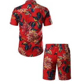 Jogal Men's Floral, Short-sleeves Cotton Hawaiian Shirt and Shorts Set (De-a334tz_bluepeach_l) - red Floral, size: l