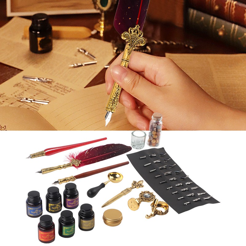Feather Pen Set European Style British Retro Lacquer Stamp Dipped