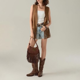 Women's Fringe Long Jacket Vintage Faux Suede Sleeveless Open Front Tassel Waistcoat 70s Hippie Costume (A-Light Brown, XXXL)