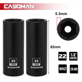 CASOMAN 1/2-Inch Drive x 22mm Deep Impact Sockets, 2 PCS Set, 6-Point, Metric, CR-MO
