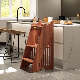 CONSDAN Toddler Tower, USA Grown Solid Hardwood, Kitchen Step Stool for Toddlers & Kids, Standing Tower with Safety Rail