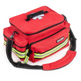 Scherber First Responder Fully-Stocked Professional Essentials EMT/EMS Trauma Kit | HSA/FSA Approved | Reflective Bag w/8 Zippered Pockets & Compartments & 200+ First Aid Supplies - Red