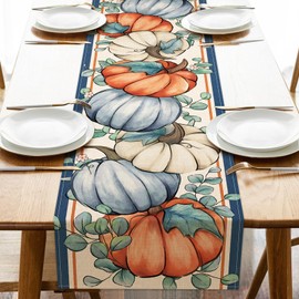 Seliem Fall Blue White Pumpkin Table Runner, Autumn Thanksgiving Eucalyptus Leaves Kitchen Dining Table Decor, Seasonal Burlap Home Decoration Indoor Outdoor Party Supply 13 x 90 Inches