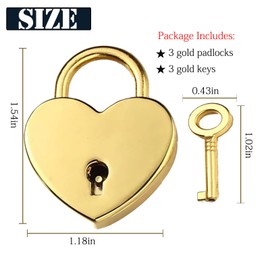 3Pcs Mini Golden Metal Heart Shaped Padlocks Small Vintage Lock with Key for Jewelry Box Storage Box Diary Book
