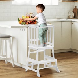 COSYLAND Toddler Kitchen Step Stool Helper - Wooden Standing Tower for Kids with Anti-Tip Support Legs - Mothers' Helper Kids Learning Stool for Kitchen Counter (White)