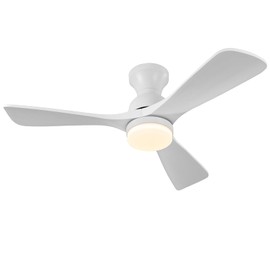 XBIBI 42 Inch Low Profile Ceiling Fan with Light and Remote, Dimmable, Quiet 6 Speeds DC Motor Wood Flush Mount Ceiling Fan, Hugger Ceiling Fans with Lights, Indoor Outdoor White