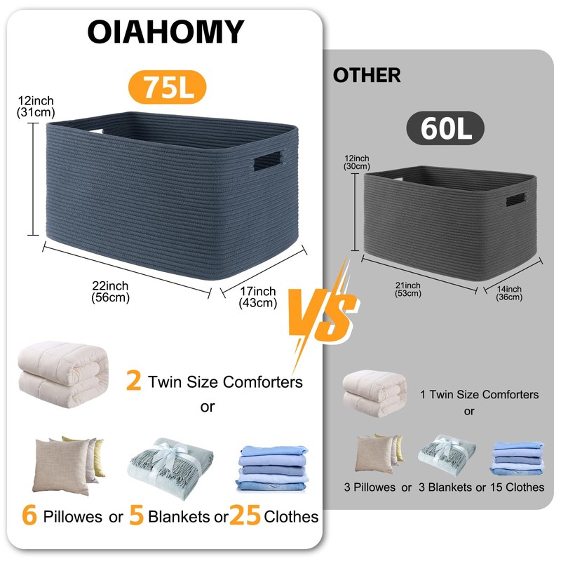 OIAHOMY 75L Large Blanket Basket, Woven Storage Basket with Handle,