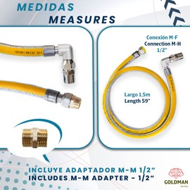 GOLDMAN SERVICE Flexible gas hose for industrial kitchens in the catering industry - length: 1.5 m - connection: 1/2 inch M-H + adapter M-M