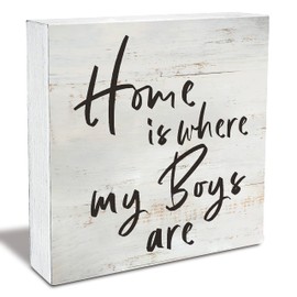 Family Quote Home is Where My Boys are Wood Box Sign Rusitc Love Quote Wooden Box Sign Farmhouse Home Living Room Desk Shelf Decor (5 X 5 Inch)