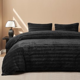 JELLYMONI Fluffy Duvet Cover Set Queen Size, 3pcs Striped Fuzzy Duvet Cover Sets, Faux Fur Comforter Cover Velvet Bedding Set, Duvet Cover & 2 Pillow Shams, Black