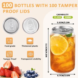 100 Pack, 330ml/11.2oz Plastic Juice Bottles with Aluminum Pop Can Caps, Disposable Leakproof Clear Bottles for Juice, Smoothies, Tea, Coffee, Compatible with Automatic Cup Sealer (not included)