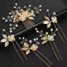 5 Pcs Metal Leaf Hair Pins Bridal Wedding Hair Clips Vintage Flower HairPins Crystal Pearl Hair Side Combs Bridesmaid Hair Accessories for Women Girls