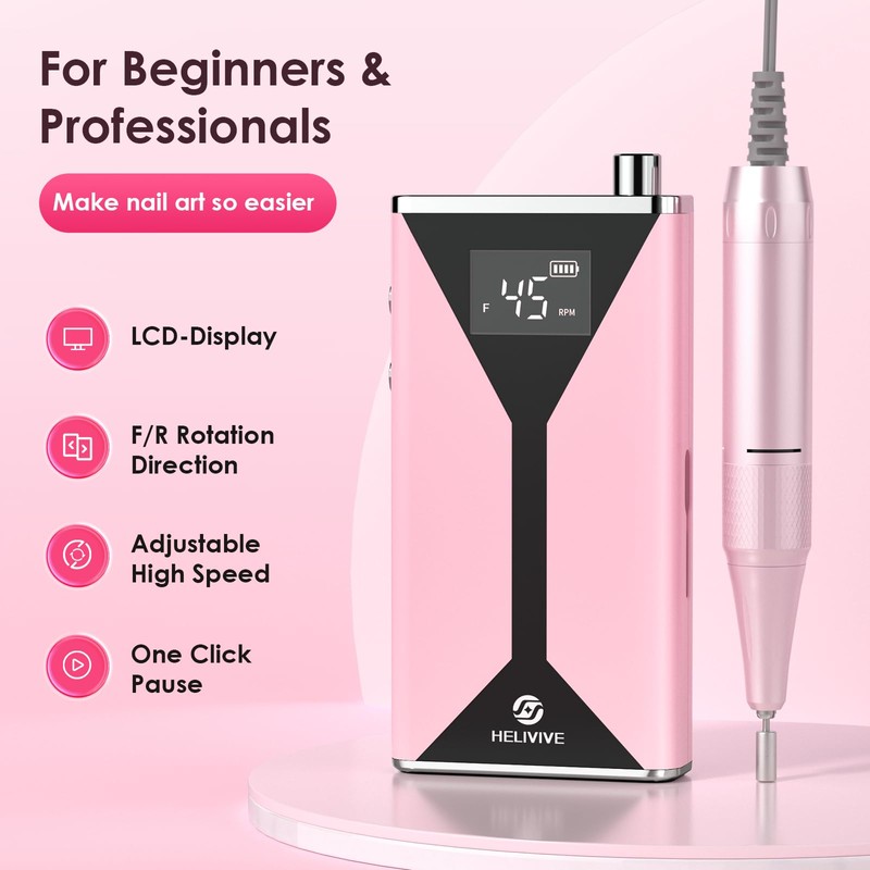 HELIVIVE Professional Electric Nail Drill 45000RPM (Portable & Rechargeable) (with