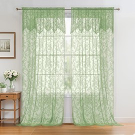 WUBODTI Green Lace Curtains with Attached Valance 72 Inches Long 2 Panels, Rod Pocket Vintage Semi Sheer Embroidered Floral Window Curtain Drapes Home Decor for Living Room, Bedroom, Balcony