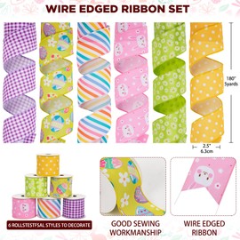 Hollyone Easter Ribbon Wired 6 Rolls 30 Yards Easter Floral Bunny Eggs Colorful Stripe Purple Check Burlap Ribbon Easter Ribbons for Craft Wreaths Wrapping Gift Bow Decor