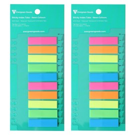 Evergreen Goods Sticky Index Tabs 2 Pack, 400 Sheets 10 Neon Colours, 44 x 12mm, Writable & Repositionable Sticky Note Markers with 14cm Transparent Ruler for Notebooks, Spiral-Bound Books & Bookmark