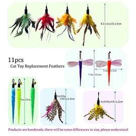 Repuesto de juguete para gatos con plumas de juguete para gatos, recambio de gusano de libélula natural, de plumas de pájaro natural, de repuesto para varita de gato (11 unidades, plumas, libélula y gusano)