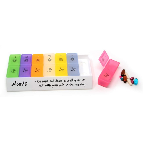 MedWrite AM/PM - 2 Times a Day Weekly Pill Organizer with Removable Daily Pill Boxes in Storage Tray - Writable Surface on Tray for Medication Instructions and Notes - by Pill Thing (Jumbo, Rainbow)