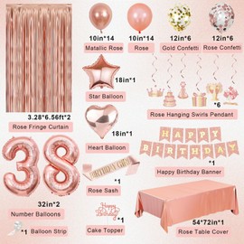 38th Birthday Decorations for Women Girls, Happy 38 Birthday Decorations for Her, Rose Gold Birthday Party Supplies with Banner, Number Balloons, Fringe Curtains, Hanging Swirls, Foil Balloons