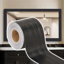 10M Black Mirror Border Wood Grain Wallpaper Border Tape Removable PVC Peel and Stick Bathroom Mirror Frame Border Tape (Black, 2Inch x 33FT)